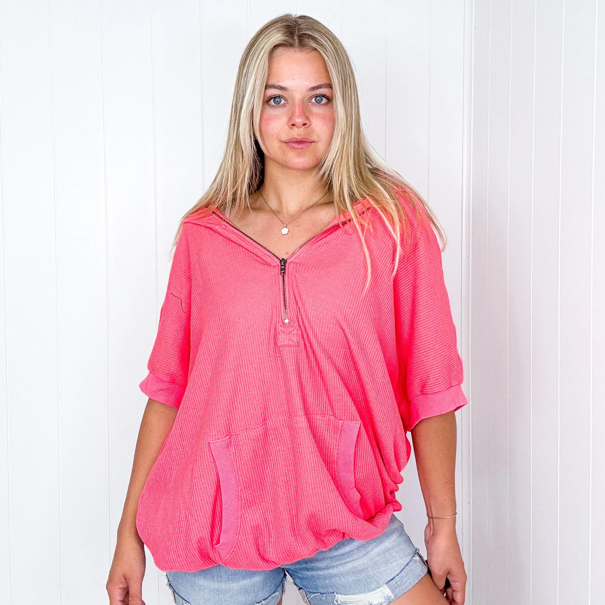 Weekend Getaway Vintage Washed Waffle Thermal Short Sleeve Half Zip Up Hoodie in 2 Colors