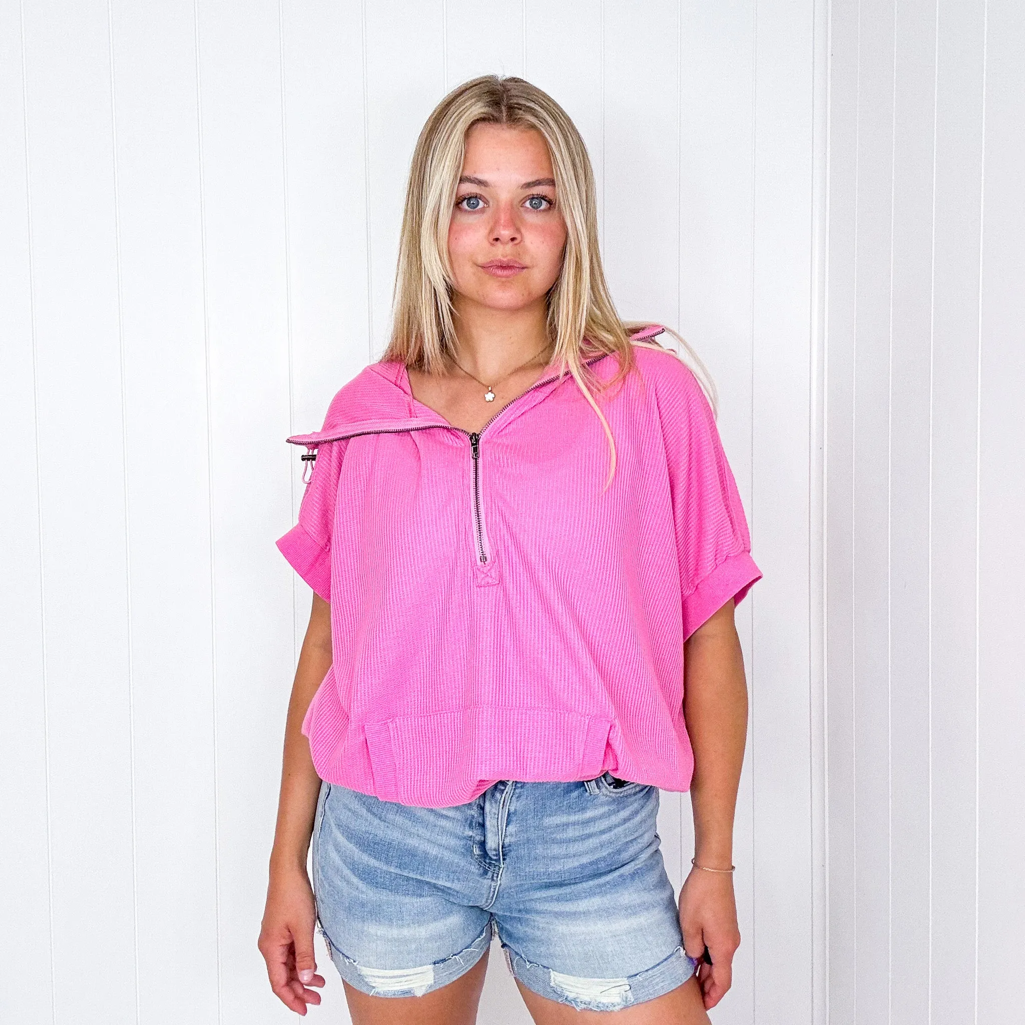 Weekend Getaway Vintage Washed Waffle Thermal Short Sleeve Half Zip Up Hoodie in 2 Colors
