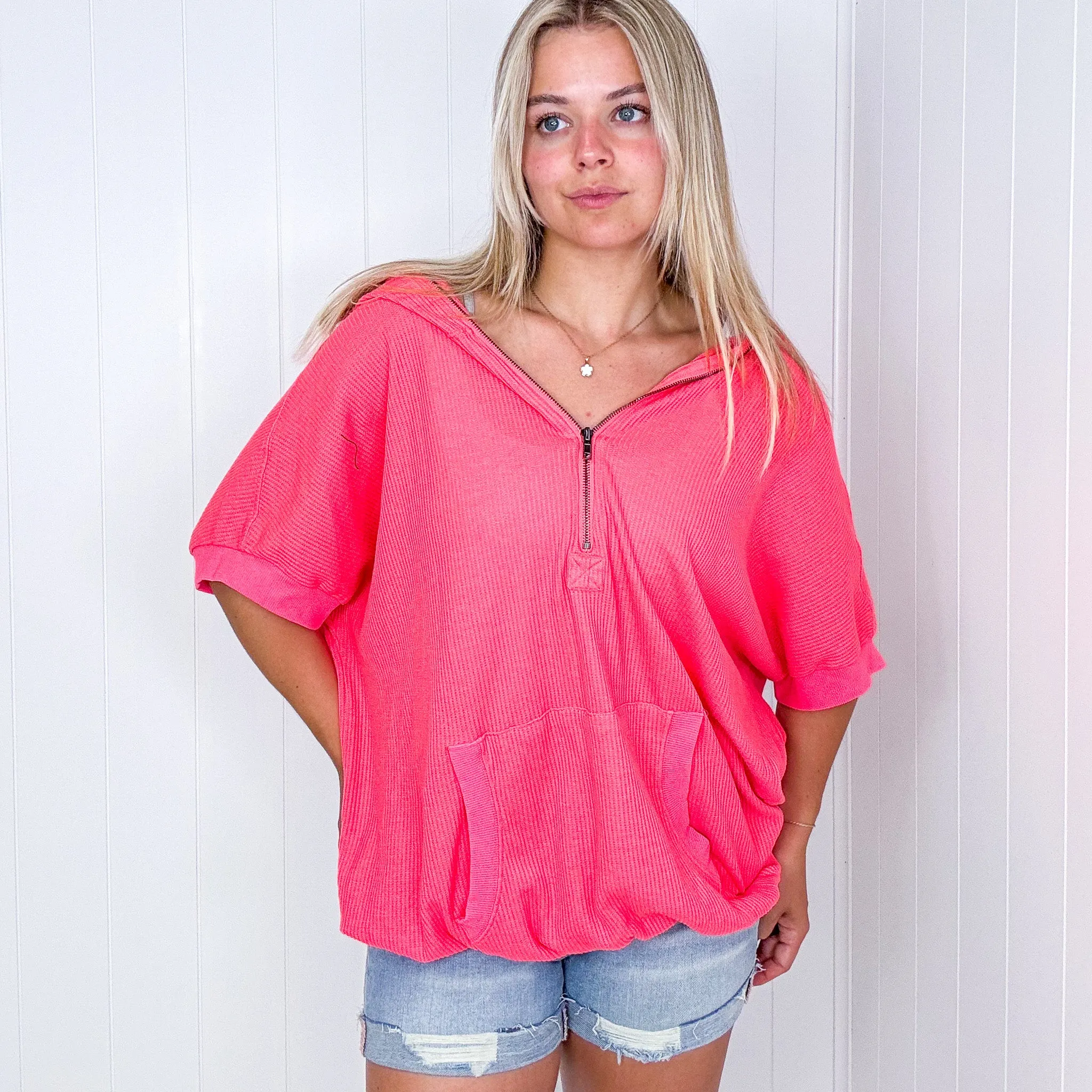 Weekend Getaway Vintage Washed Waffle Thermal Short Sleeve Half Zip Up Hoodie in 2 Colors
