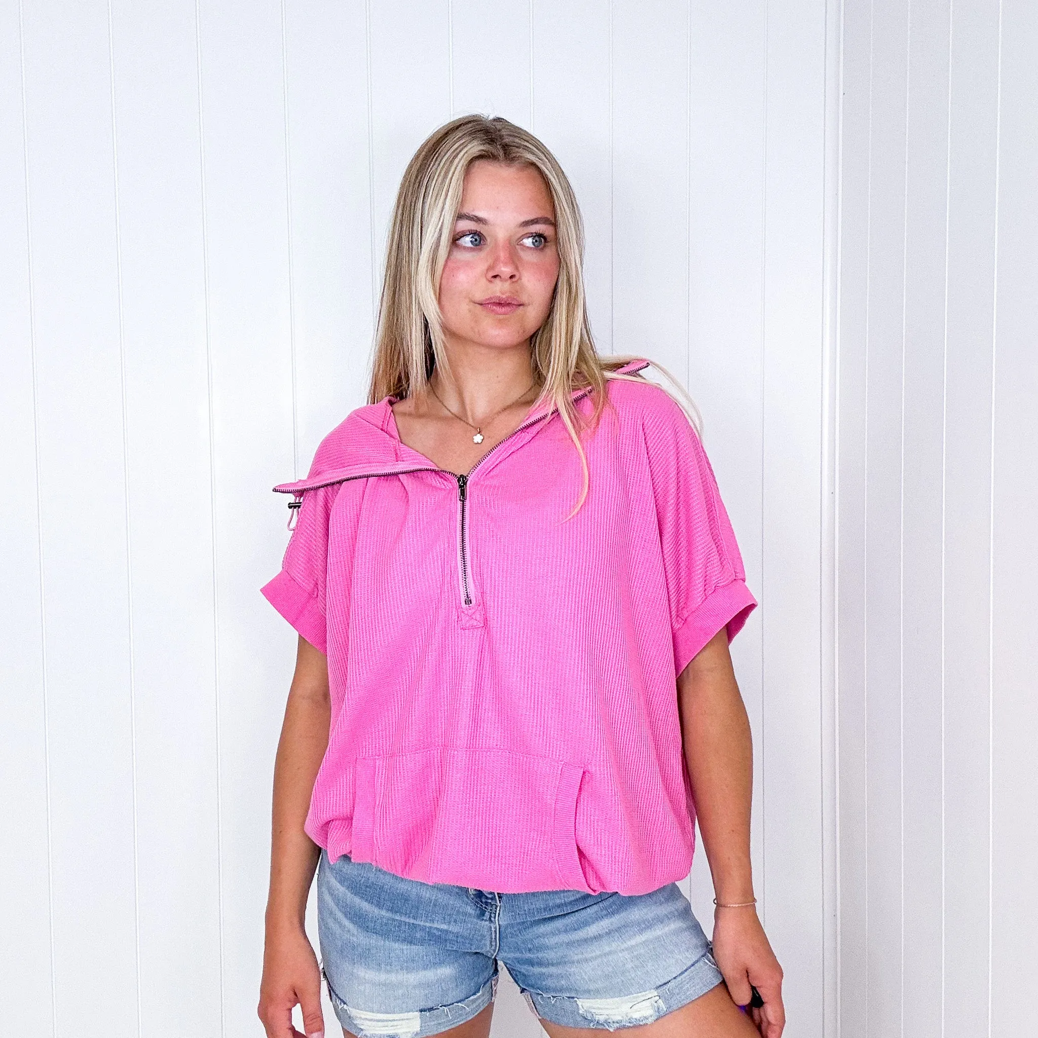 Weekend Getaway Vintage Washed Waffle Thermal Short Sleeve Half Zip Up Hoodie in 2 Colors