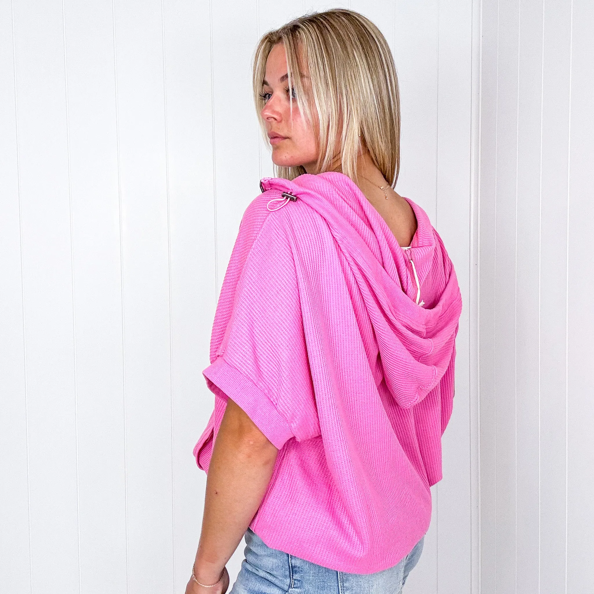 Weekend Getaway Vintage Washed Waffle Thermal Short Sleeve Half Zip Up Hoodie in 2 Colors