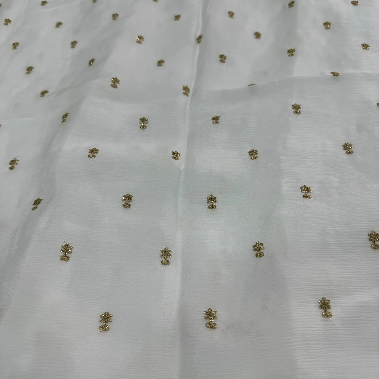 White & Golden Motifs Butti Dyeable Embroidered Viscose Chinon Chiffon Fabric (Wholesale)