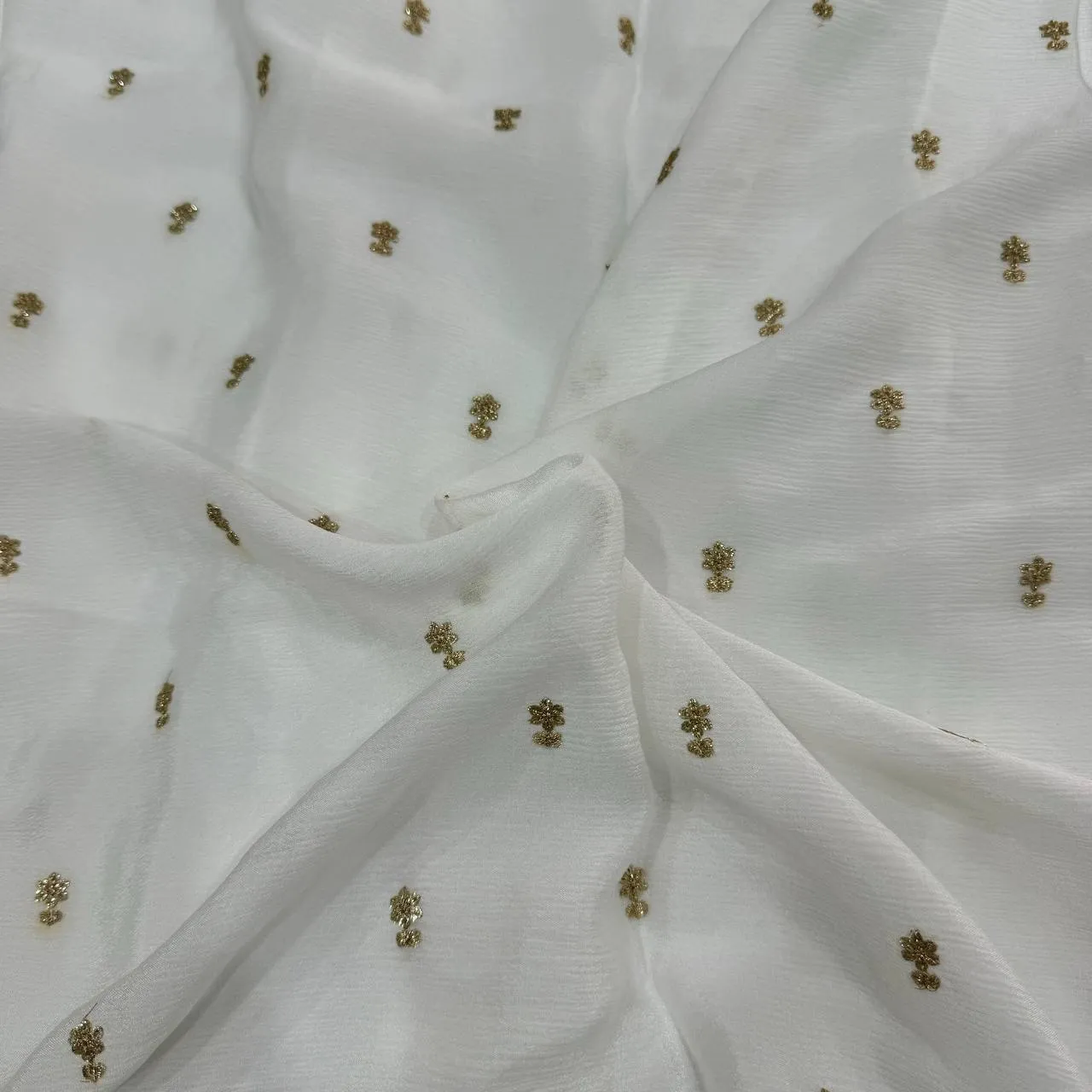 White & Golden Motifs Butti Dyeable Embroidered Viscose Chinon Chiffon Fabric (Wholesale)