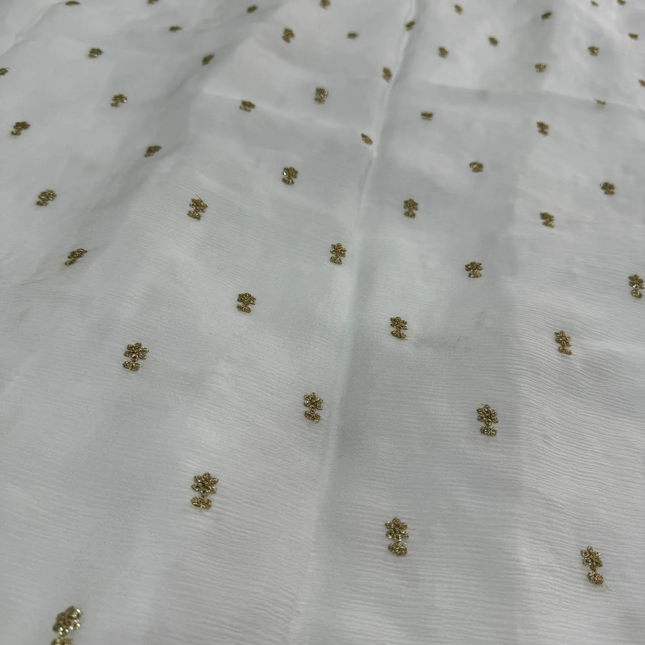 White & Golden Motifs Butti Dyeable Embroidered Viscose Chinon Chiffon Fabric (Wholesale)