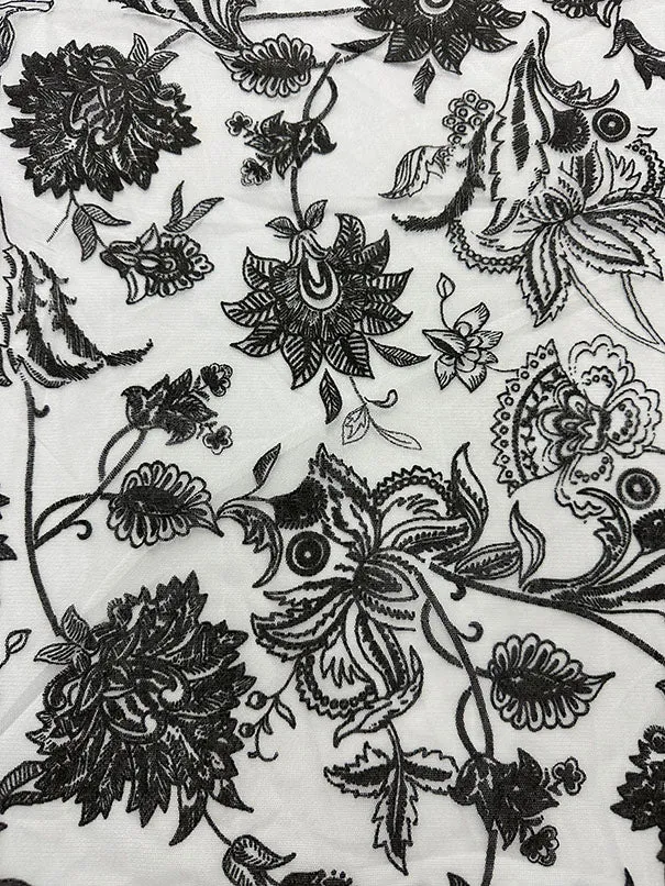 White Flocked Floral Print Mesh Fabric