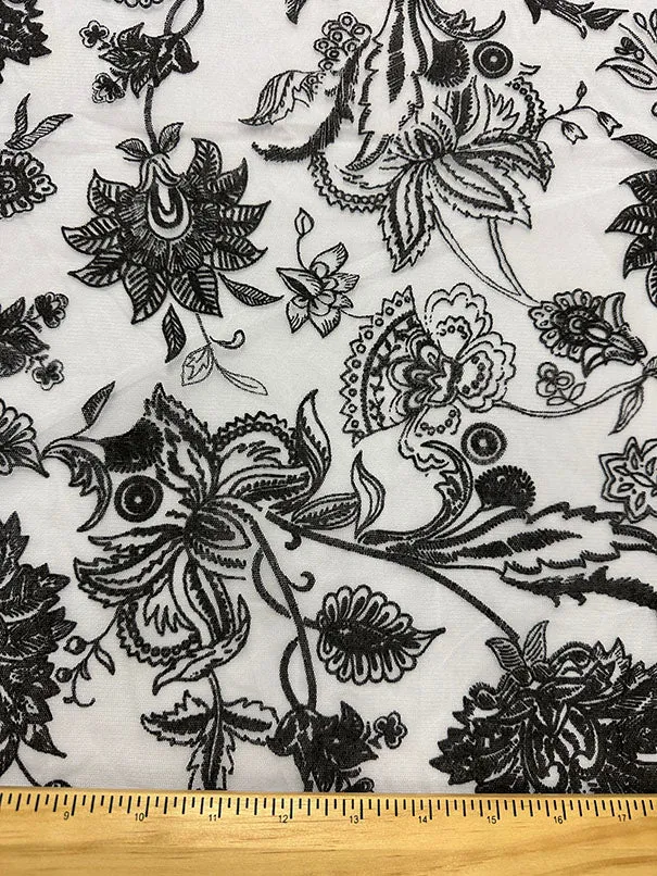 White Flocked Floral Print Mesh Fabric