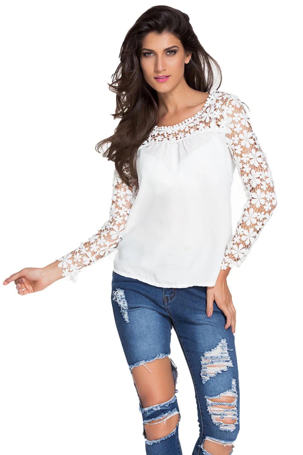 White Floral Croche Lace Long Sleeve Chiffon Blouse