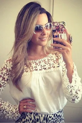 White Floral Croche Lace Long Sleeve Chiffon Blouse
