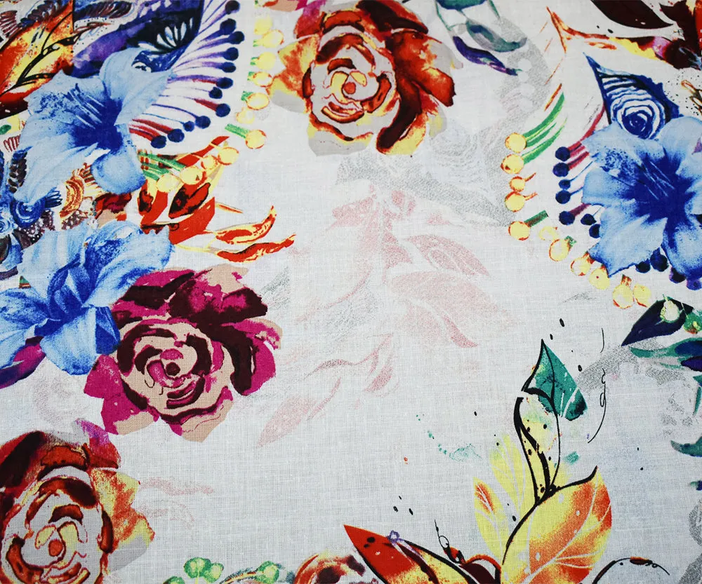 White-Fuchsia-Multi Floral Art Pattern Printed Linen Woven Fabric