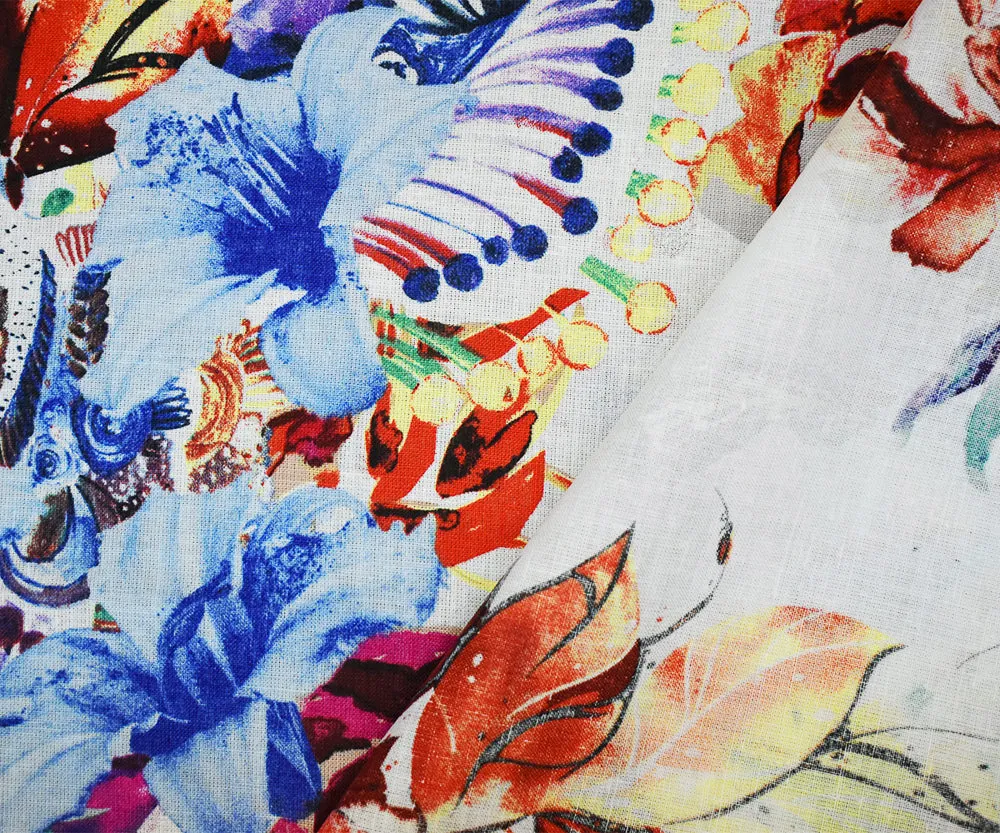 White-Fuchsia-Multi Floral Art Pattern Printed Linen Woven Fabric