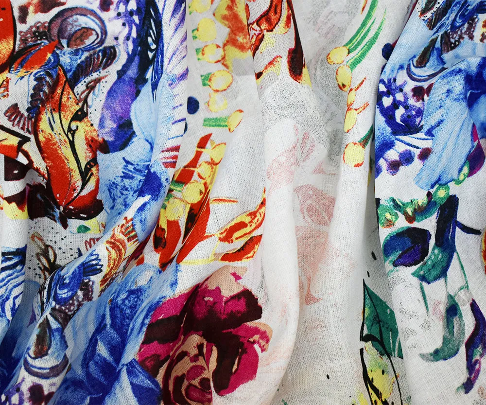White-Fuchsia-Multi Floral Art Pattern Printed Linen Woven Fabric