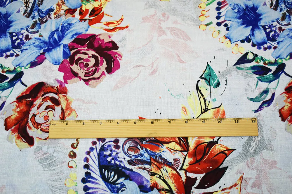 White-Fuchsia-Multi Floral Art Pattern Printed Linen Woven Fabric