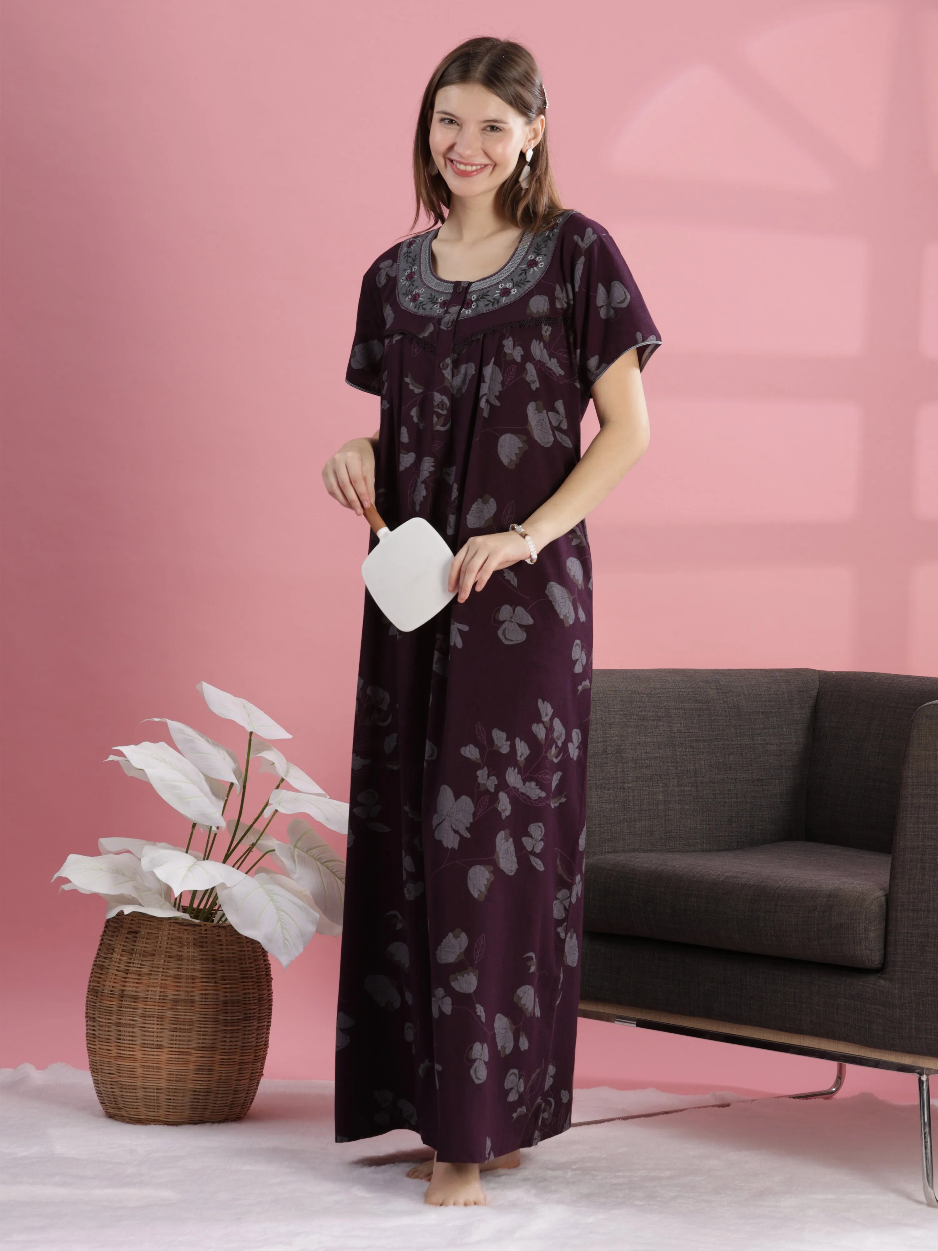Wine Floral Cotton Maxi Nightdress with Embroidery & Pocket