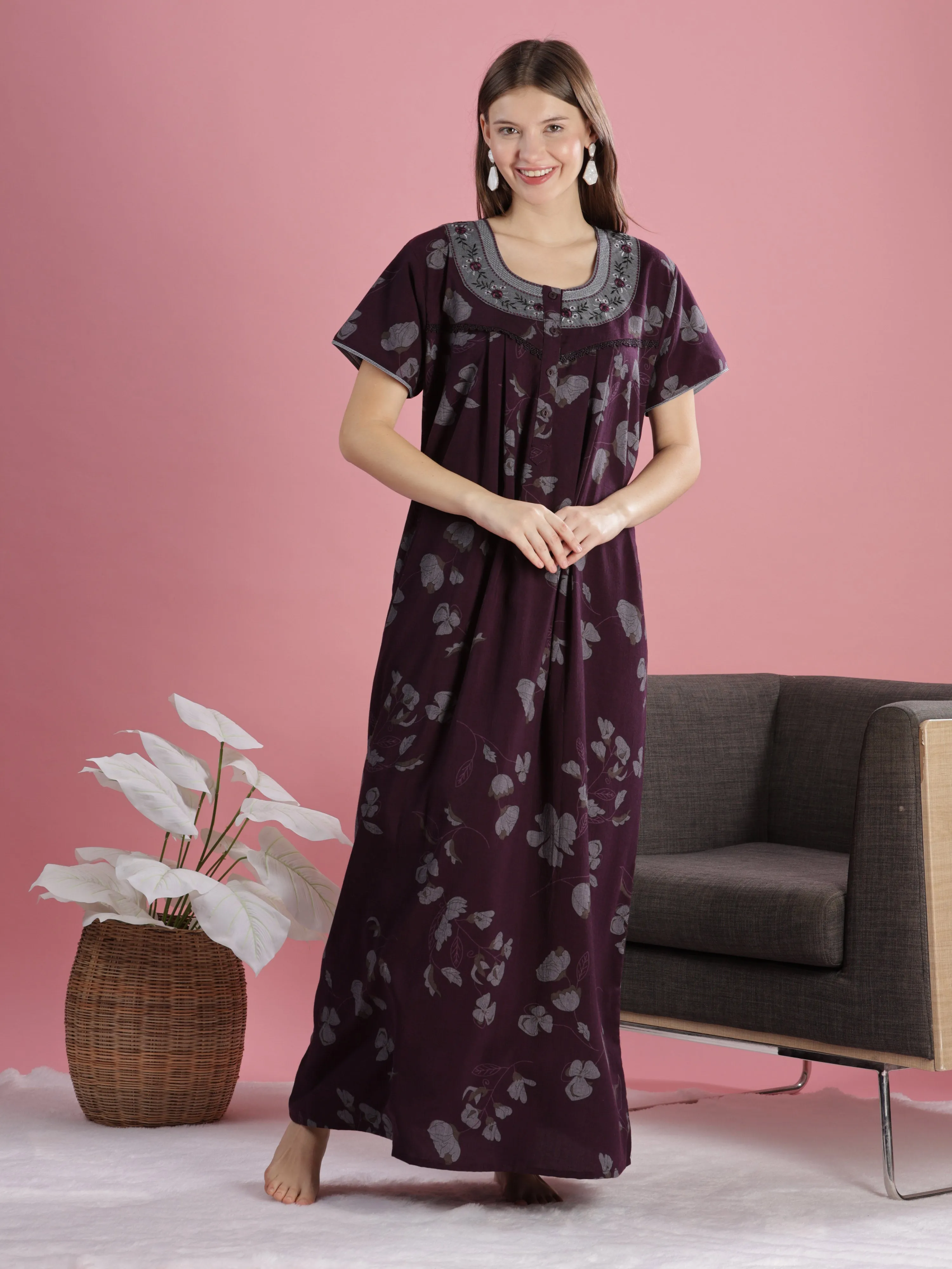 Wine Floral Cotton Maxi Nightdress with Embroidery & Pocket
