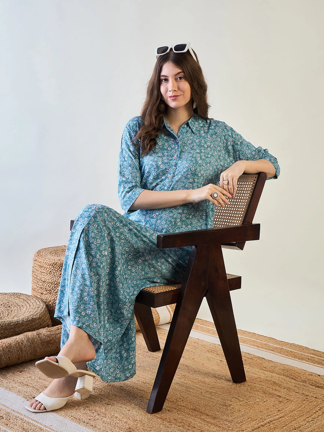 Women's Sky Blue Cute Floral Button Down Night Dress - The Kaftan Company