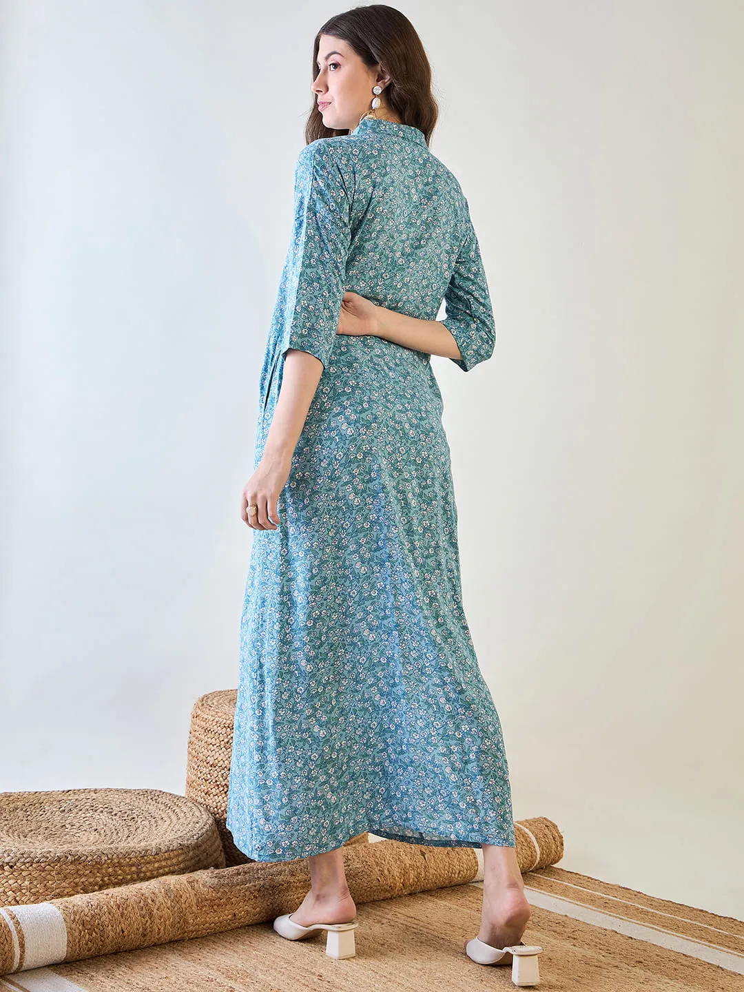 Women's Sky Blue Cute Floral Button Down Night Dress - The Kaftan Company