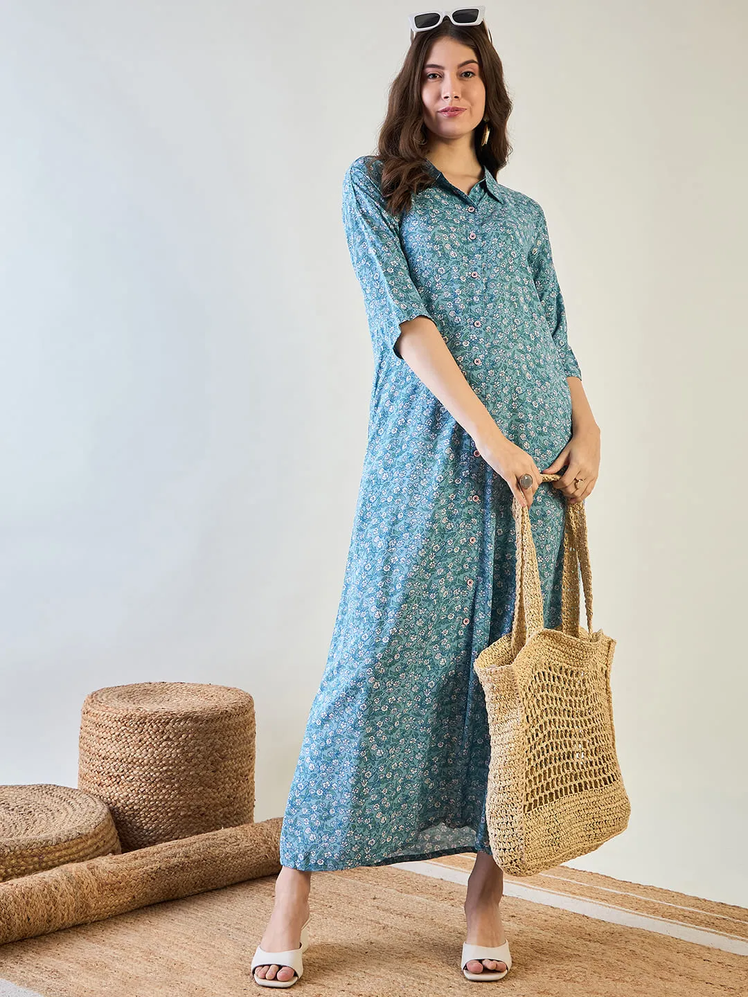 Women's Sky Blue Cute Floral Button Down Night Dress - The Kaftan Company