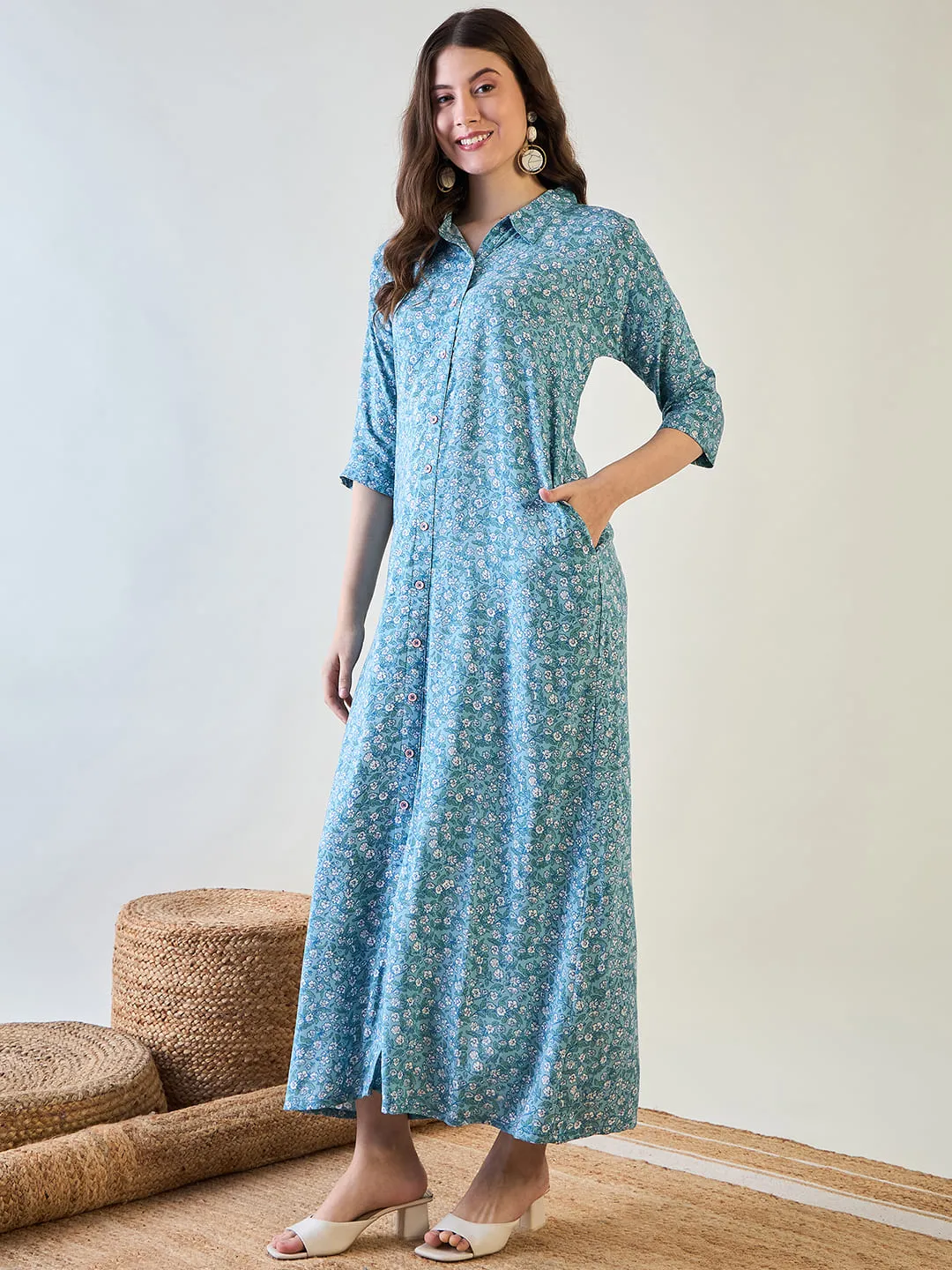Women's Sky Blue Cute Floral Button Down Night Dress - The Kaftan Company