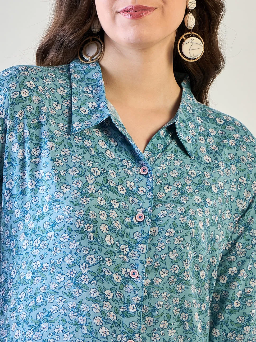 Women's Sky Blue Cute Floral Button Down Night Dress - The Kaftan Company