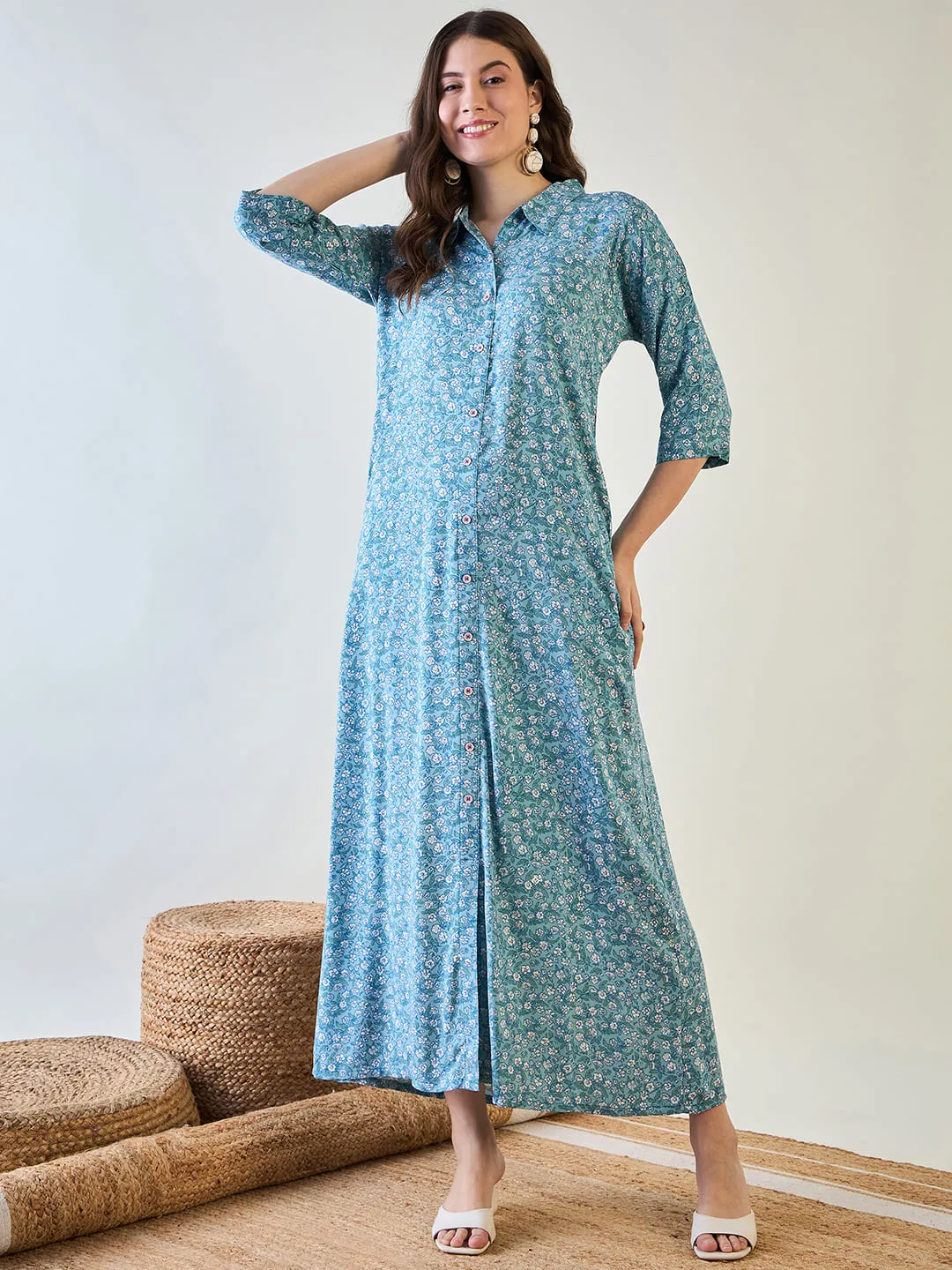 Women's Sky Blue Cute Floral Button Down Night Dress - The Kaftan Company