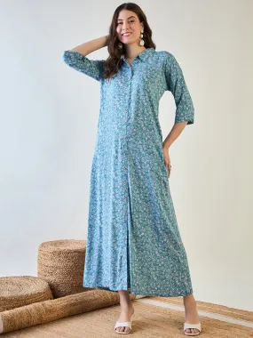 Women's Sky Blue Cute Floral Button Down Night Dress - The Kaftan Company