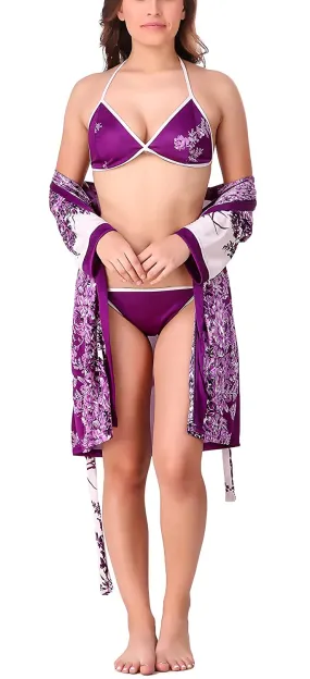 Xs and Os Women Floral Satin Nightwear Robe with Bra Panty Set (Purple)