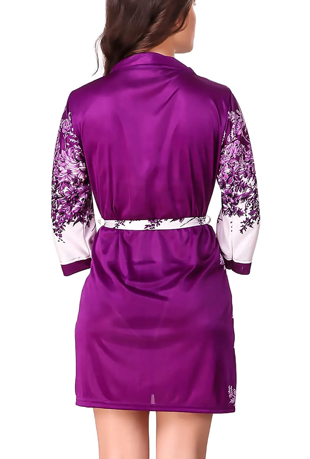 Xs and Os Women Floral Satin Nightwear Robe with Bra Panty Set (Purple)