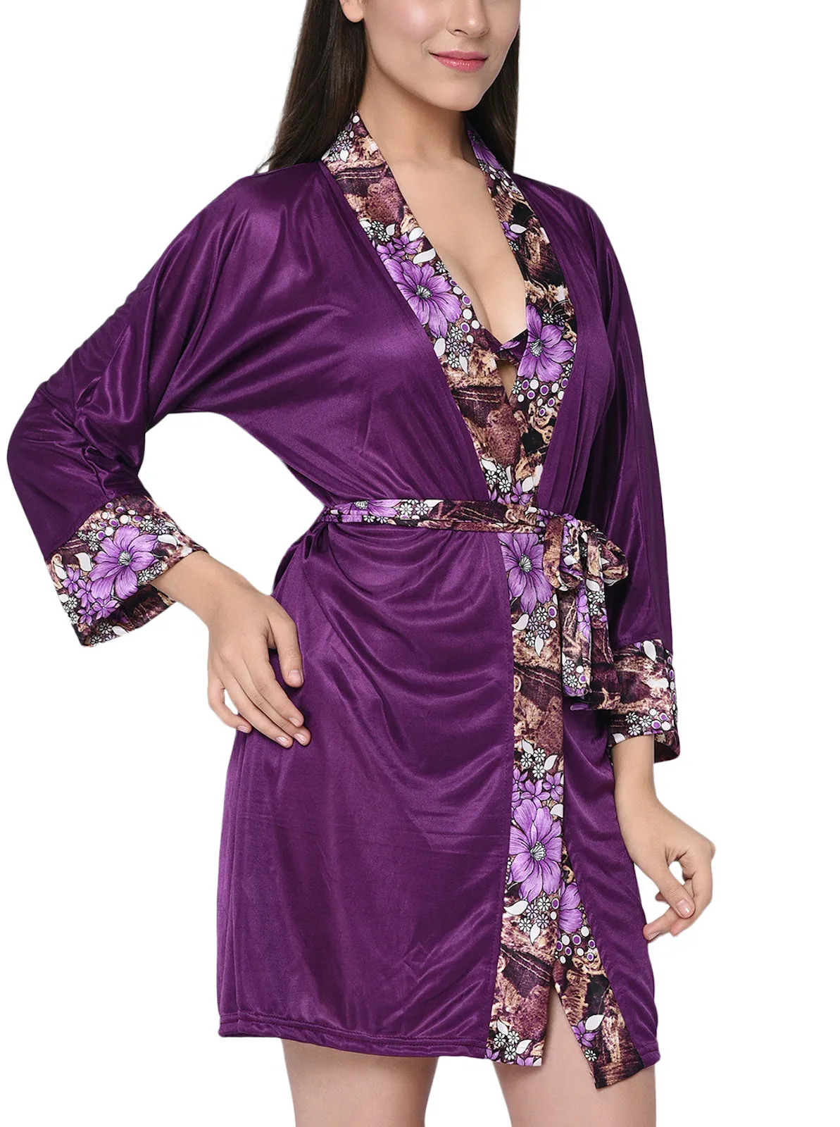 Xs and Os Women Satin Nightwear Robe with Bra Panty Lingerie Set (Black)