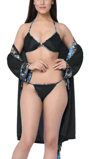 Xs and Os Women Satin Nightwear Robe with Bra Panty Lingerie Set (Black)