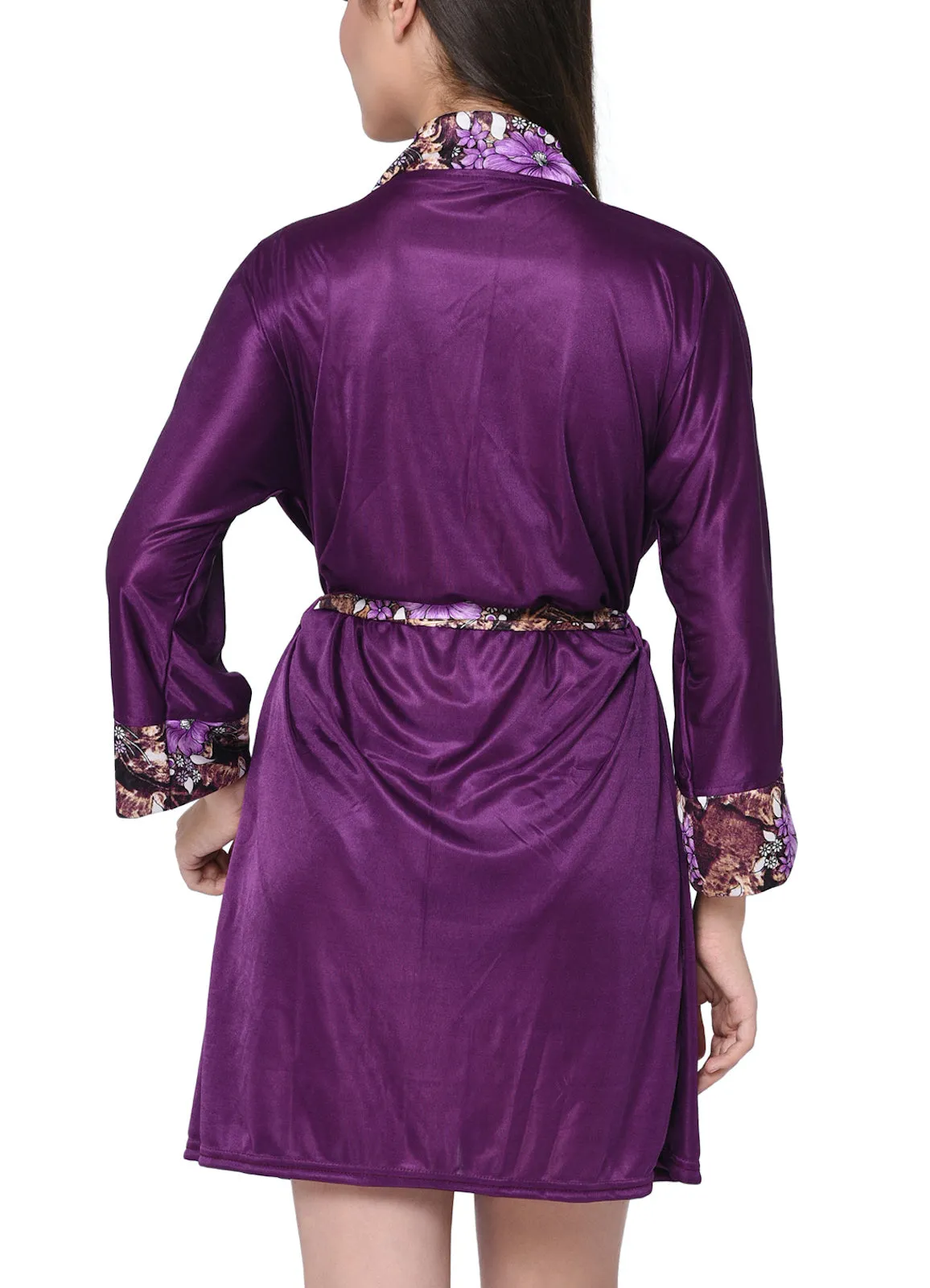 Xs and Os Women Satin Nightwear Robe with Bra Panty Lingerie Set (Black)