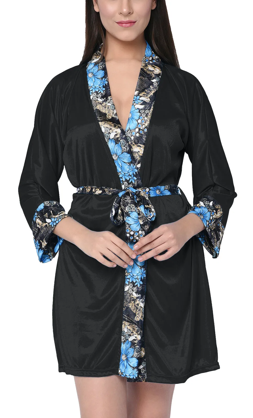 Xs and Os Women Satin Nightwear Robe with Bra Panty Lingerie Set (Black)