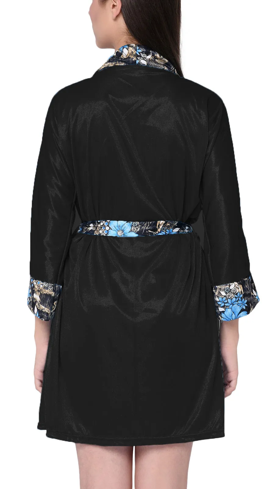 Xs and Os Women Satin Nightwear Robe with Bra Panty Lingerie Set (Black)