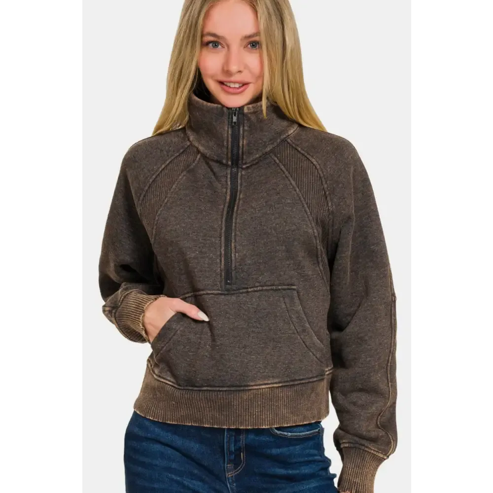 Zenana Acid Washed Half Zip Fleece Sweatshirt for Luxury Fashion