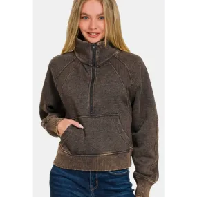 Zenana Acid Washed Half Zip Fleece Sweatshirt for Luxury Fashion