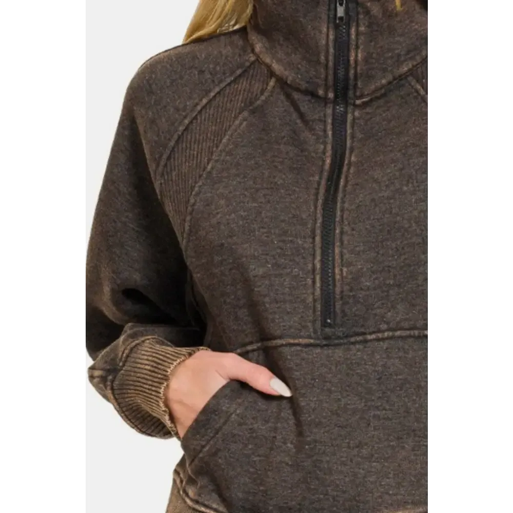 Zenana Acid Washed Half Zip Fleece Sweatshirt for Luxury Fashion